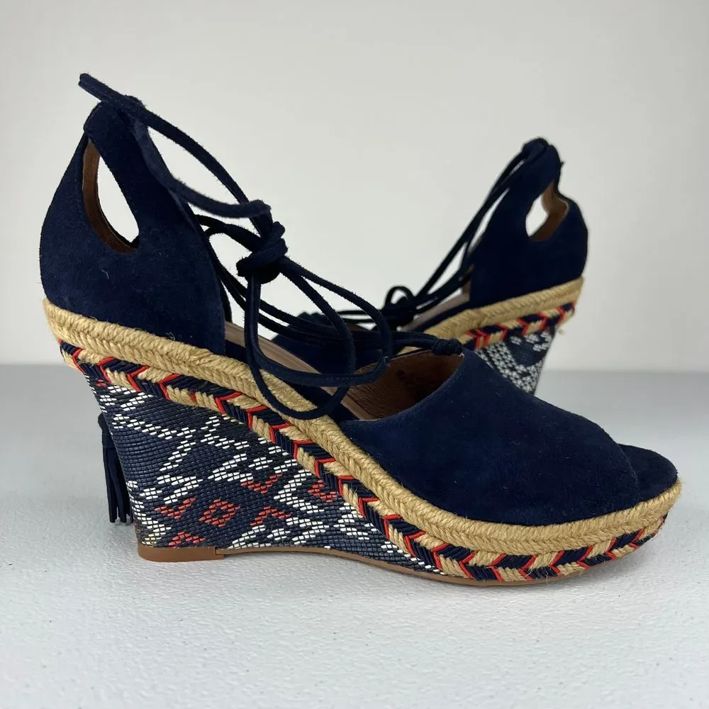 Cabi Isla Espadrille Wedge Sandal Navy Blue Suede Ankle Tie Up Tassels Western 6